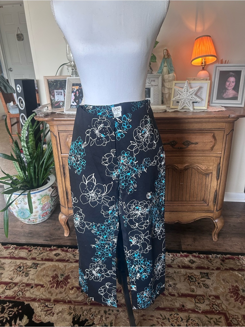 Teal and White Floral Embellished Pants